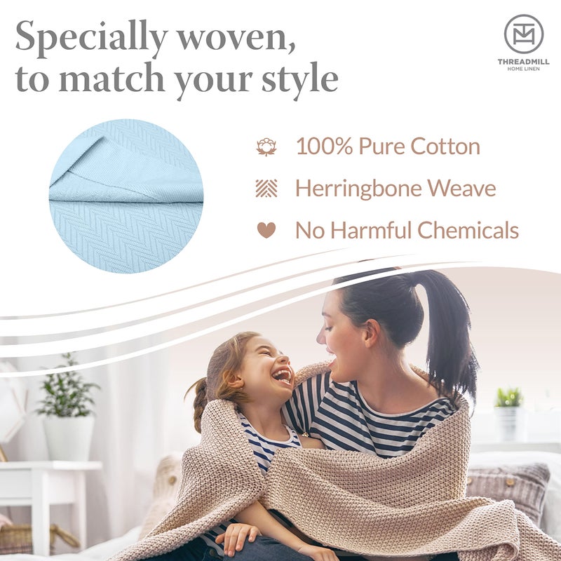 Threadmill Luxury Cotton Blankets for Queen Size Bed | All-Season 100% Cotton Queen Size Blanket | Herringbone Cozy, Soft Breathable Fall Thermal Blanket fits Full Size Bed | Light Blue - Image 3